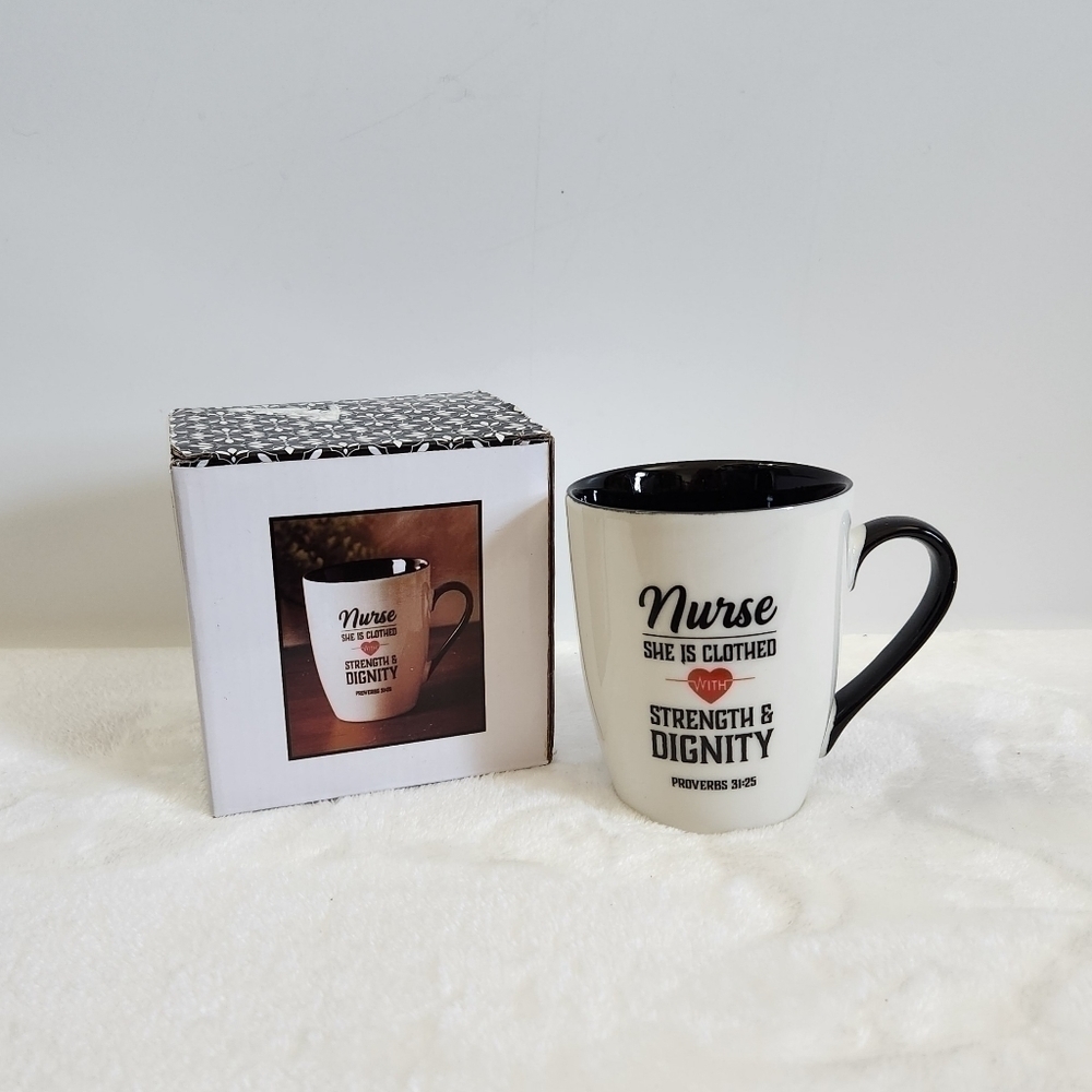 Nurse Strength Dignity White Black Ceramic Coffee Cup Mug 12 Oz New In Box